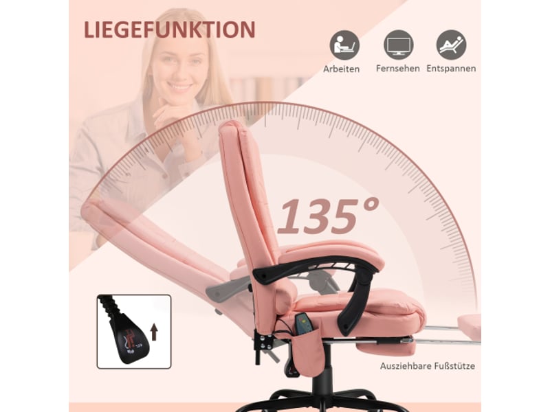 Chaise de bureau ergonomique avec massage 7 points, inclinable, télécommande, rose, 120 kg - Conforama E