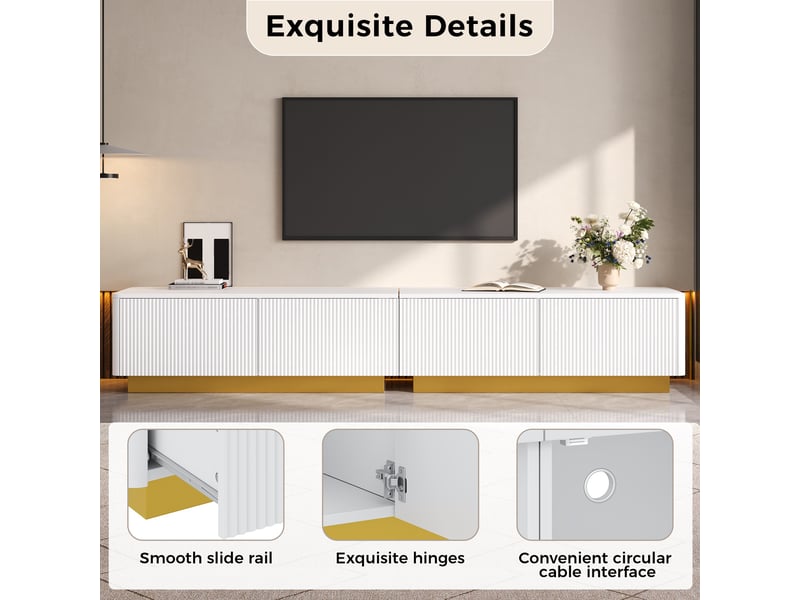  Meuble tv avec tiroirs, portes et passe-câbles, façade rainurée moderne pour salon, en mdf, blanc, 200×40×35 cm  - Conforama E
