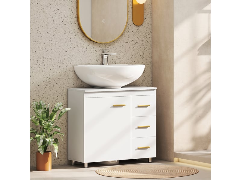  Meuble sous lavabo blanc 70 cm avec découpe en u et trois tiroirs  - Conforama D