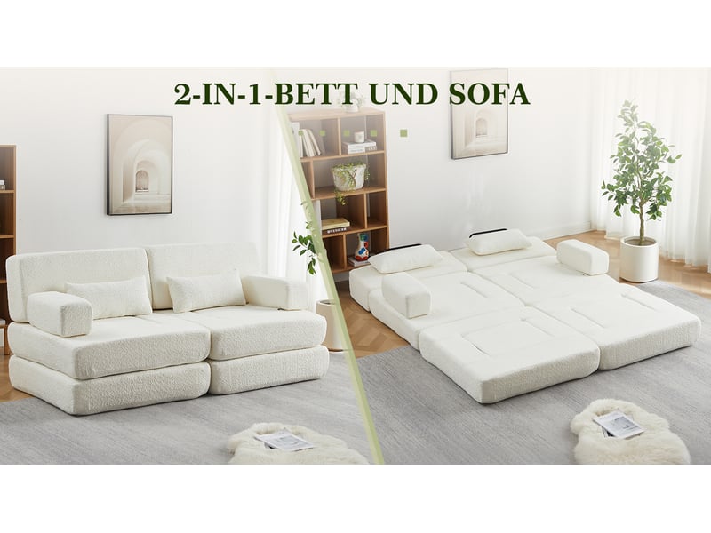 Canapé-lit modulable 1 place 2-en-1 – beige – chenille pliable avec dossier haut et structure en métal - Conforama C