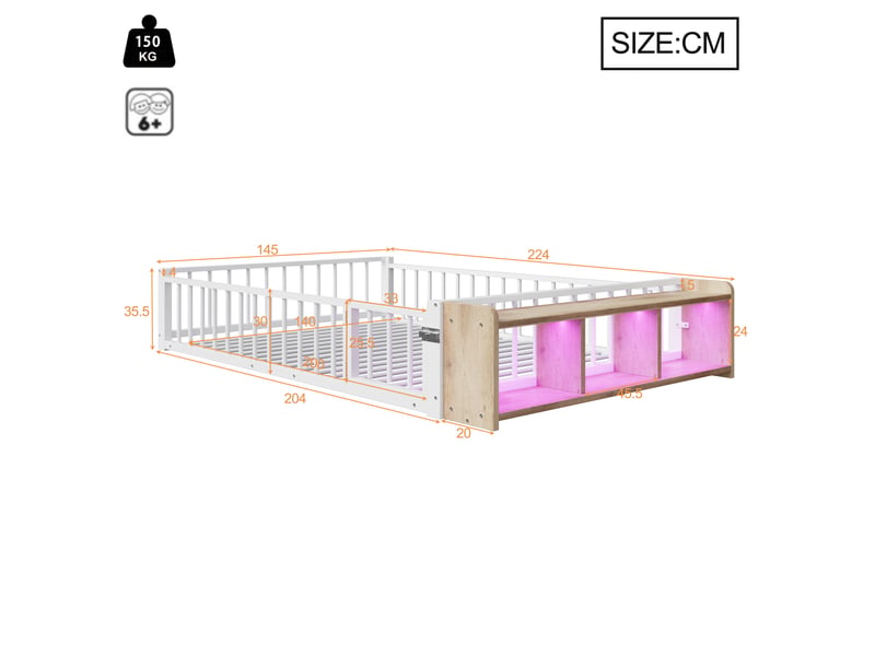  Lit plat en métal 140 x 200 cm, blanc, sans matelas, led, rangement ouvert et garde-corps  - Conforama B