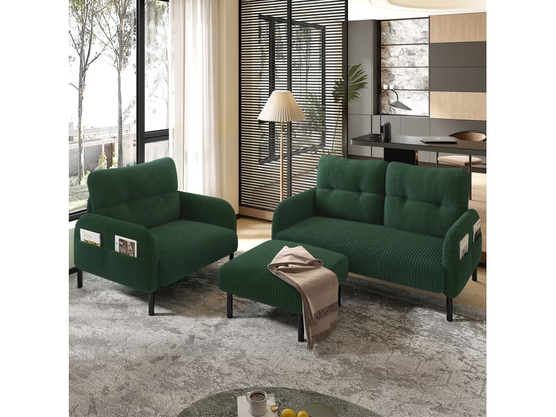 Canapé droit 4 places avec fauteuil et pouf en velours côtelé vert émeraude, ensemble modulable contemporain - Conforama B