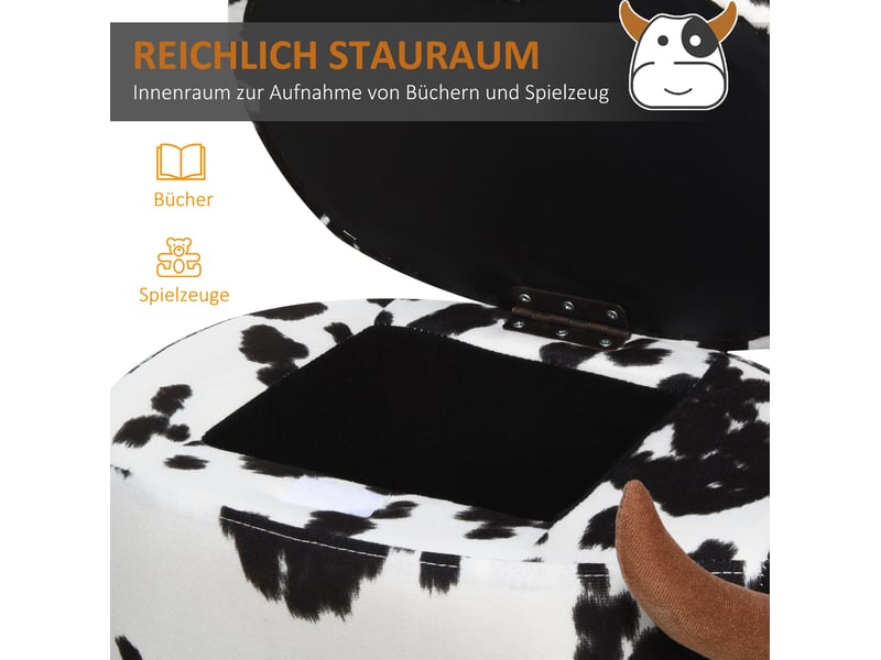  Pouf animal vache avec rangement 62 x 35 x 36 cm noir et blanc, assise en tissu flanelle, pieds en bois d'hévéa  - Conforama D