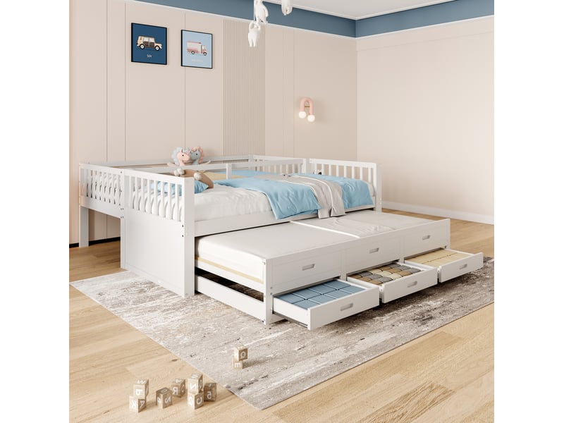  Lit superposé enfant 90x200 cm avec lit gigogne et 3 tiroirs blanc  - Conforama D