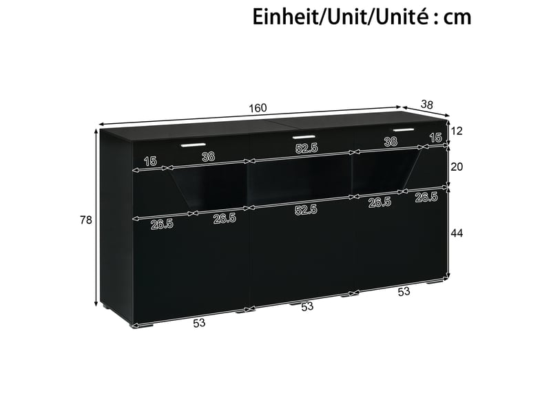  Buffet bas 160x38x78 cm noir avec 3 portes et led pilotable par application  - Conforama C