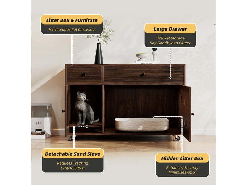  Meuble cache-litière à roulettes 100x45x66 cm – noyer – 2 tiroirs, portes ventilées, plaque amovible  - Conforama E