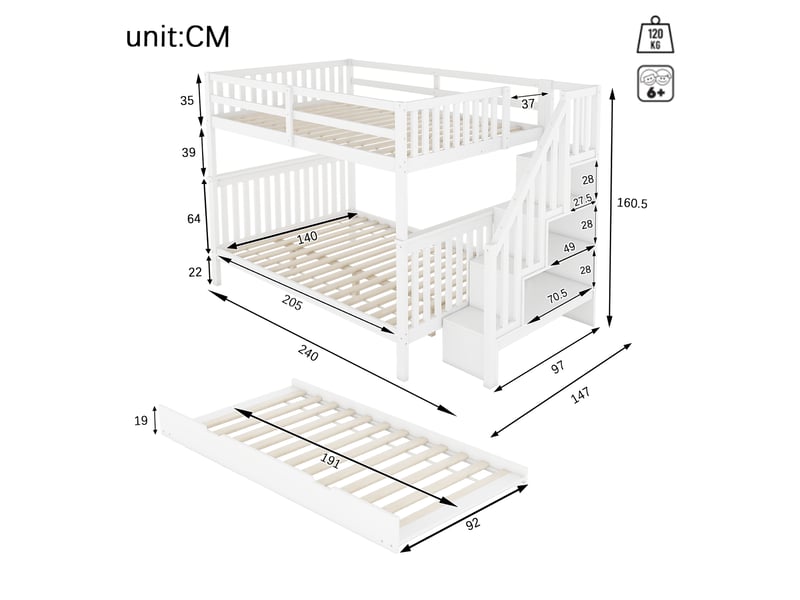  Lit superposé 140x200 avec lit gigogne coulissant et escalier de rangement, cadre en bois massif blanc pour chambre d'enfant.  - Conforama C