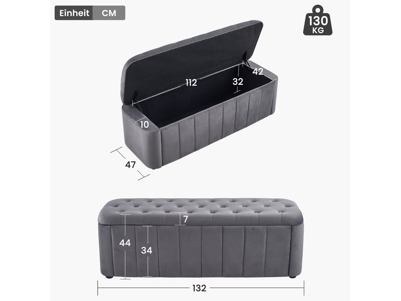  Banc coffre 132x47,5x44 cm, format compact, rangement et assise confortable, velours, pour chambre et salon, gris foncé  - Conforama C