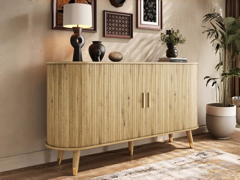  Commode deux tiroirs et deux portes coulissantes, 140 x40 x 79,5 cm, avec veinage vertical, pieds en bois massif et élément d'angle arrondi  - Conforama B