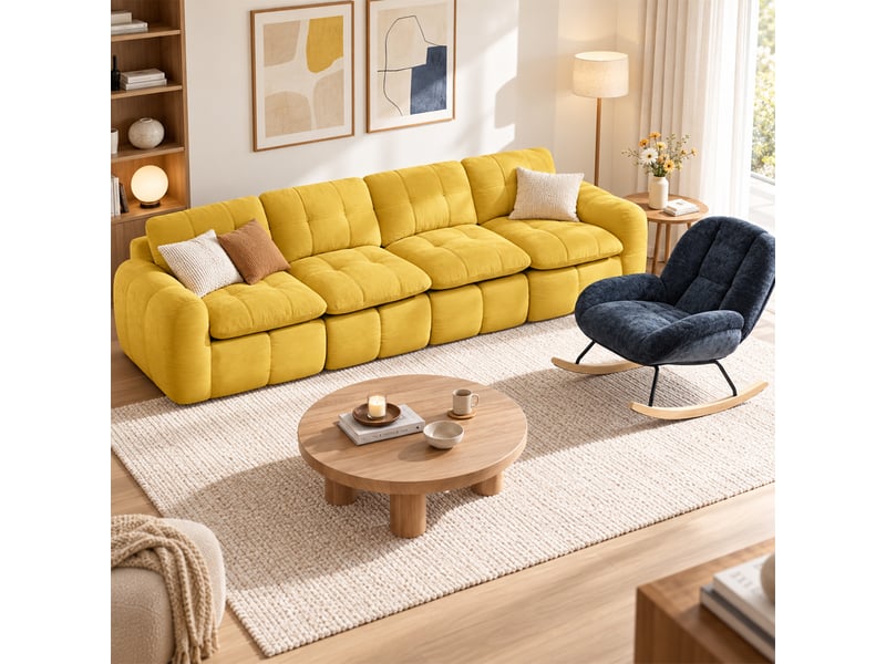 Canapé 4 places, revêtement en tissu chenille, sans assemblage, jaune  - Conforama C