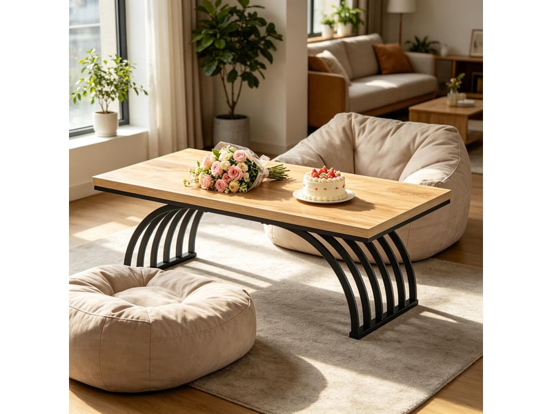  Table basse avec plateau de 120 cm et design ouvert, style industriel, pour salon, en métal et bois, noir et brun  - Conforama B