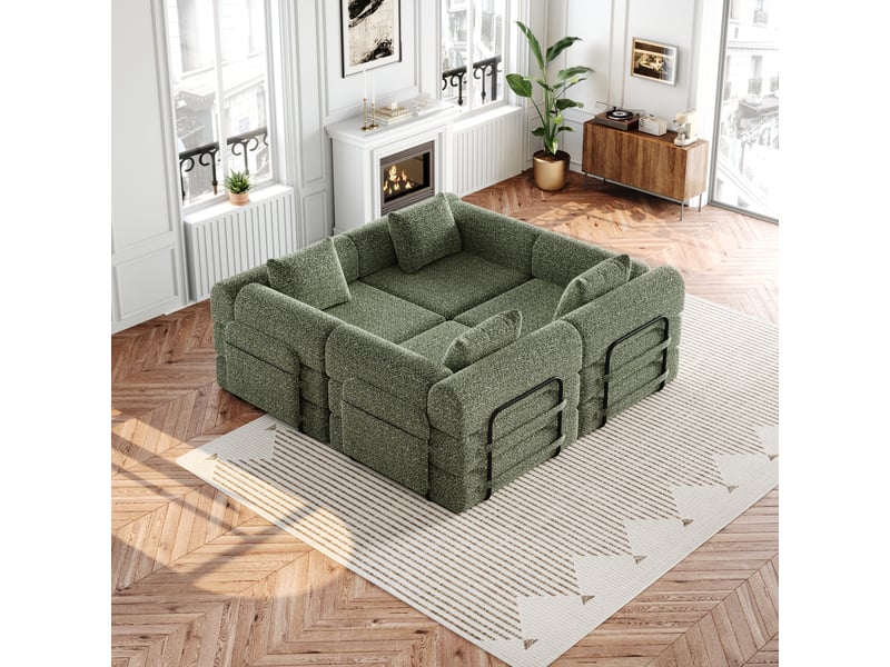  Canapé-lit modulable 2-en-1 en chenille, avec rangement dans les accoudoirs, structure métallique et configuration personnalisable - vert  - Conforama D