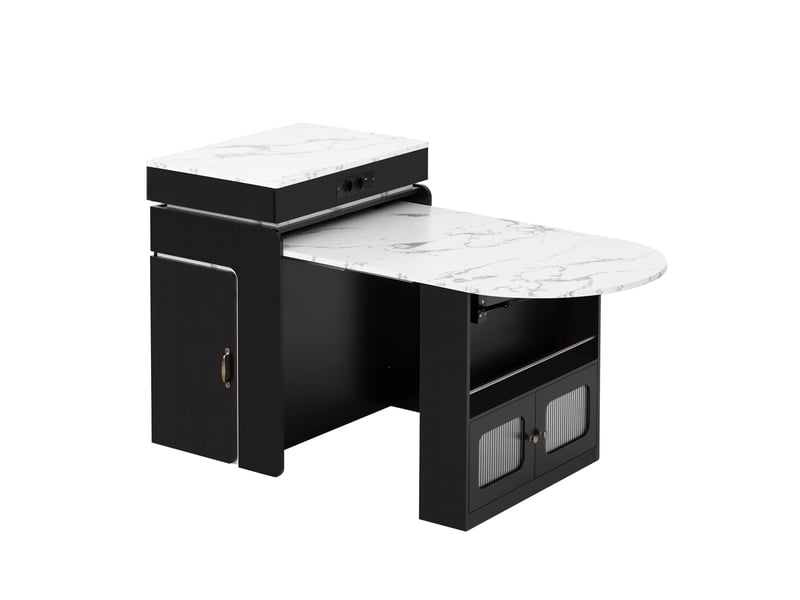  Îlot de cuisine extensible à roulettes noir avec 2 tiroirs 2 portes, led, effet marbre  - Conforama D