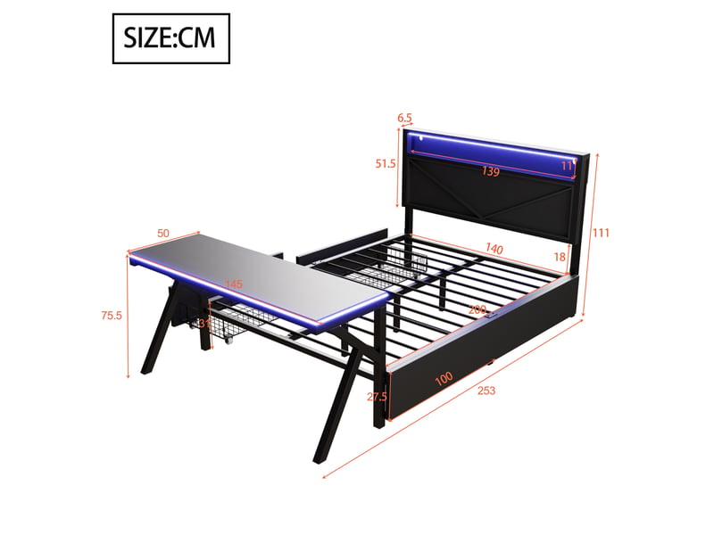  Lit gamer 140x200 avec bureau intégré et tête de lit led métal noir  - Conforama E