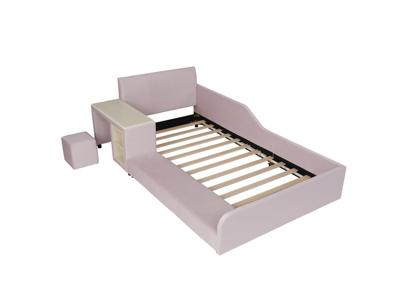  Lit enfant 90x200cm - avec bureau latéral, tabouret et étagères de rangement intégrés, tête de lit et rebords de sécurité – velours – rose  - Conforama A