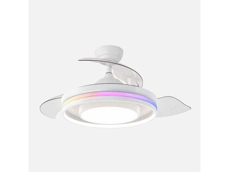  Fabrilamp pitufo plafonnier ventilateur led 57 w, 3990 lm, rgb, moteur dc, 3 pales rétractables, ø 107 cm, blanc 242891368 - Conforama D