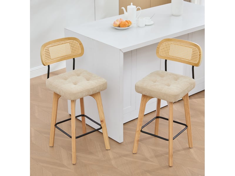  Lot de 2 tabourets de bar 51 x 44 x 96 cm kaki en chenille, dossier en rotin, pivotants à 360 degrés  - Conforama B