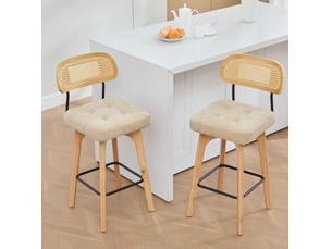 Lot de 2 tabourets de bar 51 x 44 x 96 cm kaki en chenille, dossier en rotin, pivotants à 360 degrés