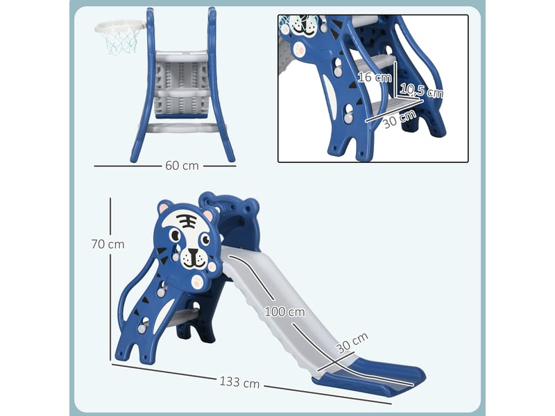 Toboggan pour enfants, toboggan intérieur pour enfants, avec panier de basket, thème tigre, de 18 à 36 mois, bleu - Conforama C