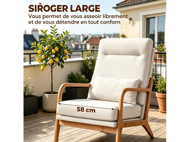  Fauteuil de salon avec large assise, dossier haut et coussin lombaire, en tissu aspect lin crème, 64 × 86 × 93 cm  - Conforama E