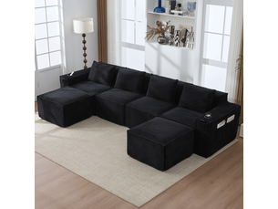 Canapé modulable 4 places 330x162x75 cm, canapé salon avec 2 poufs modulables, porte-gobelets et rangements latéraux, ressorts, velours côtelé, noir