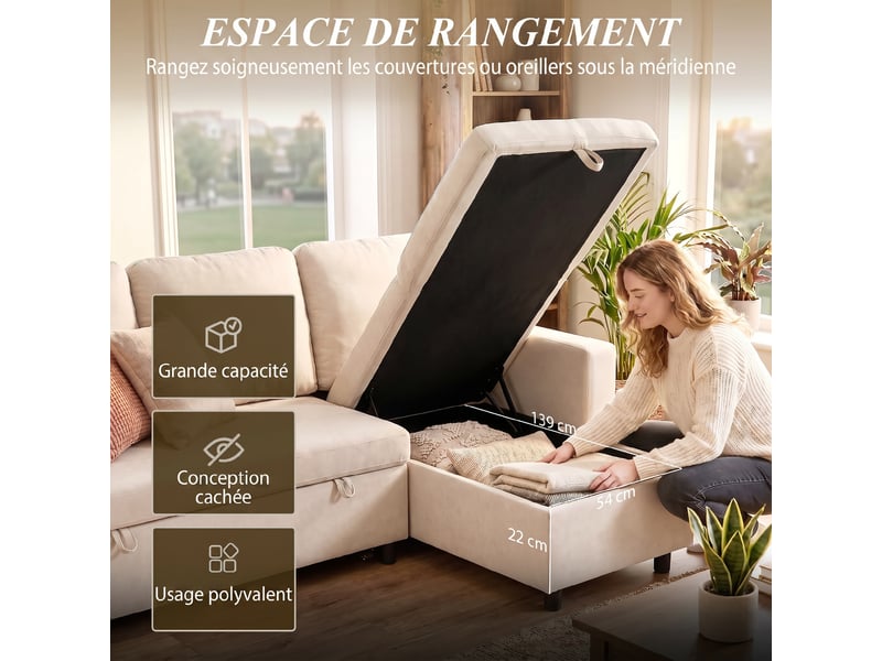  Canapé d'angle convertible modulable avec méridienne réversible, coffre de rangement et 3 coussins de dossier, crème  - Conforama R