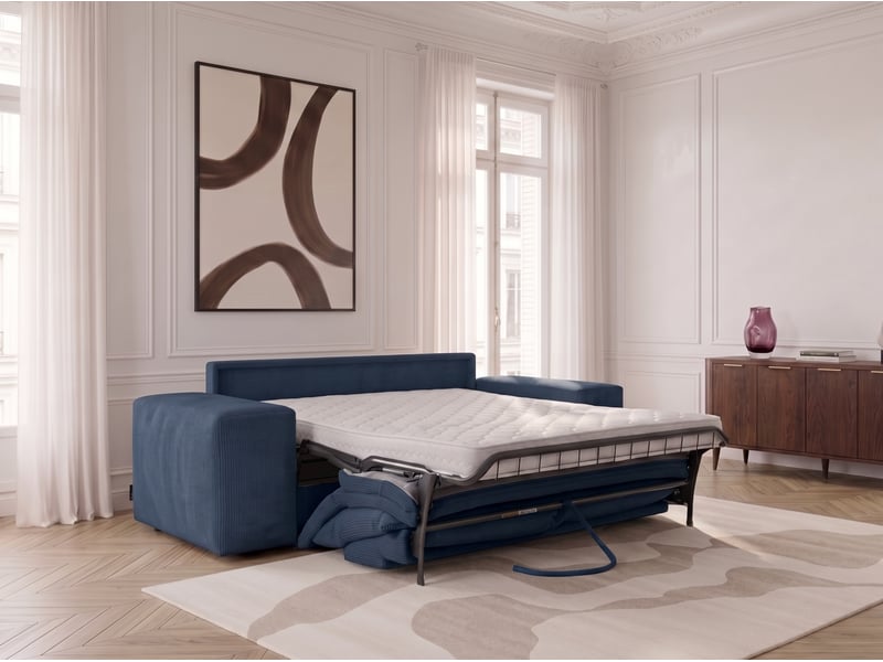  Bobochic canapé droit convertible ouverture express voltaire tissu velours côtelé bleu 140x200 VOLTAIRE - Conforama C