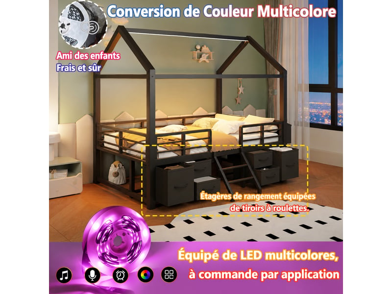 Lit mezzanine enfant 90x200 cm avec toit cabane, led et tiroirs en tissu, noir  - Conforama D