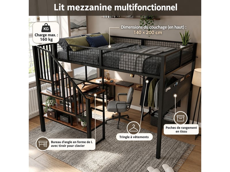  Lit mezzanine avec bureau, 140×200cm, avec escalier et étagères ouvertes, lit structure en métal, noir  - Conforama D