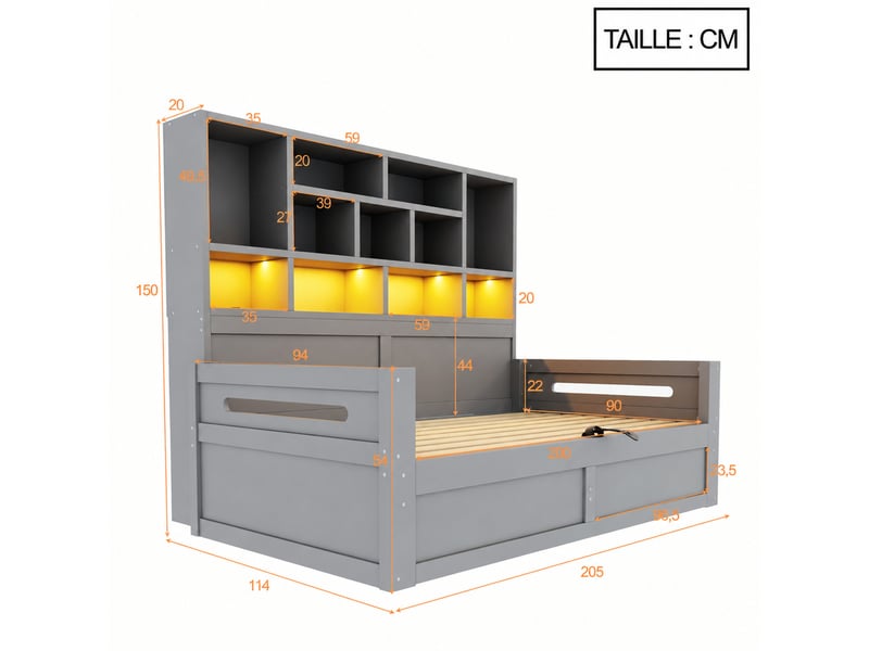  Lit banquette 1 place 90 x 200 cm en mdf gris avec coffre hydraulique, 2 tiroirs, led et prises, matelas non précisé  - Conforama D