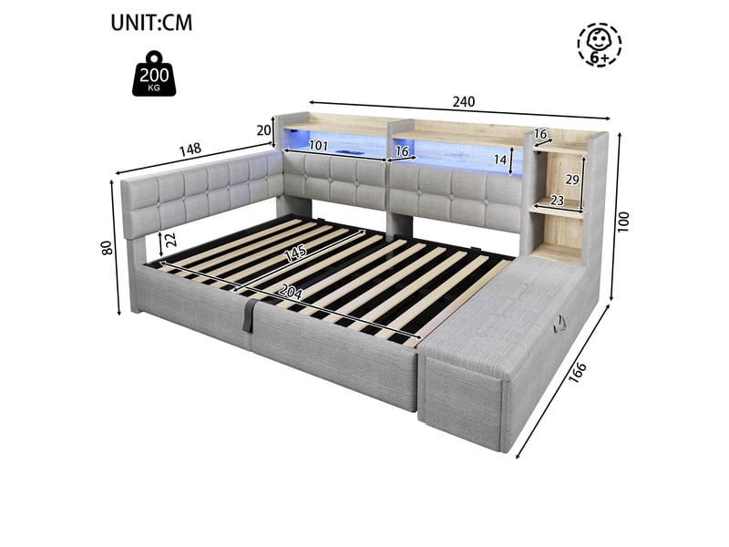  Lit coffre hydraulique 140x200 cm avec led multicolore, usb et usb-c et banc coffre, velours gris, sans matelas  - Conforama C