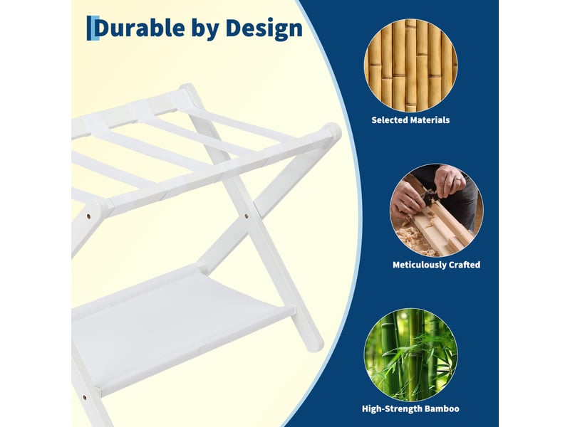  Lot de 2 porte-bagages pliant de luxe en bambou avec étagère, sangles nylon résistantes, charge 50 kg – chambre, salon, hôtel-blanc PHK_37RDH6SV - Conforama C