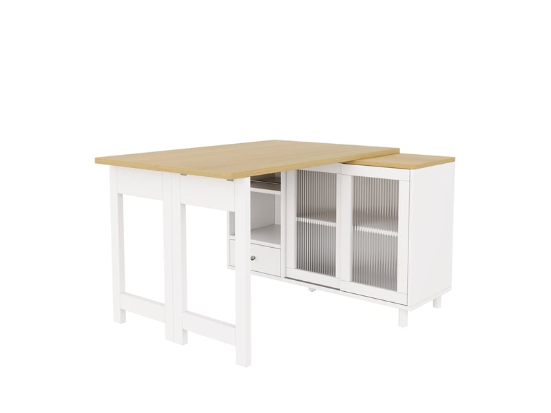 Table à manger extensible pliante nature+blanc, avec rangement, panneau vitré, pivotante à 360° - Conforama D