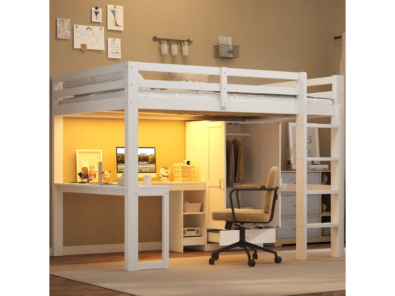  Lit mezzanine 140x200 cm avec bureau et armoire, pin massif et mdf blancs, rangements, éclairage led et usb  - Conforama D