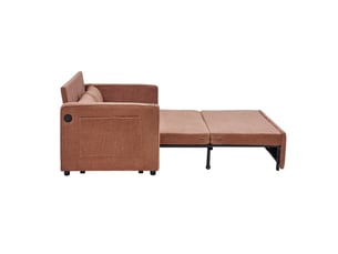 Canapé convertible 2 places orange, design minimaliste, structure bois et tissu, rangement intégré, idéal salon moderne