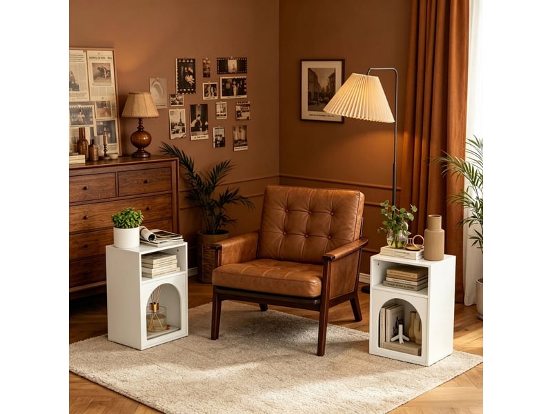  Lot de 2 tables de chevet blanches avec compartiments ouverts, design arrondi en mdf, 40x30x60 cm  - Conforama B