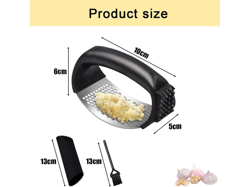  1 pc presse-ail, presse-ail noir, presse-ail en acier inoxydable, presse-ail manuel en acier inoxydable avec éplucheur d'ail en silicone et brosse  - Conforama B