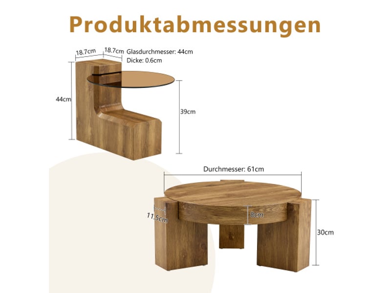  Ensemble de tables basses séparables: mdf effet bois + verre brun 0,6 cm – 1 table basse + 2 tables d’appoint modulables  - Conforama C
