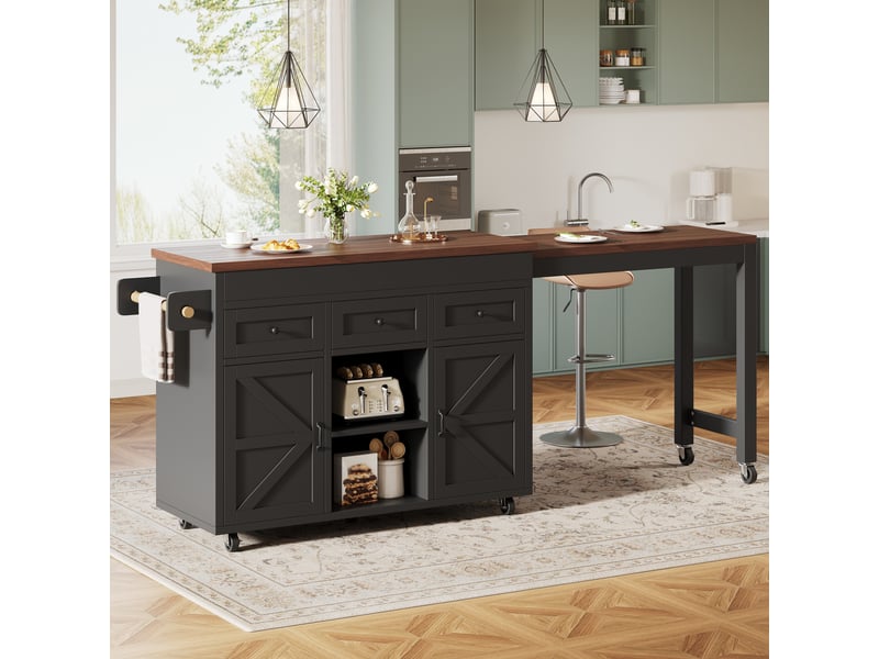  Îlot central avec rangement noir, table de bar extensible 131-210cm, mange-debout pivotant 360° pour cuisine  - Conforama R