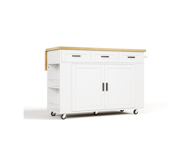 Desserte de cuisine 120x45-70x84 cm blanc et naturel en mdf, plateau rabattable, rangements et prises  - Conforama D