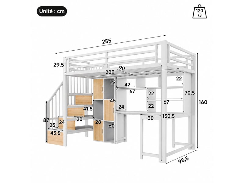  Lit mezzanine 90 x 200 cm avec bureau, escalier de rangement et led, structure blanche en métal et mdf  - Conforama C