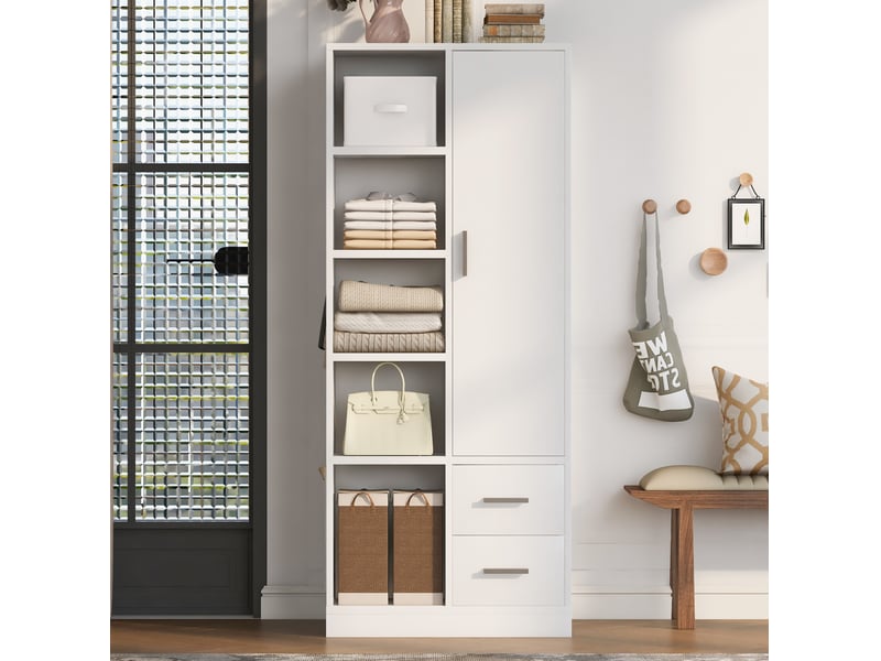  Armoire une porte tcqpz 70 x 50 x 170 cm avec étagères, deux tringles et deux tiroirs, blanc  - Conforama D
