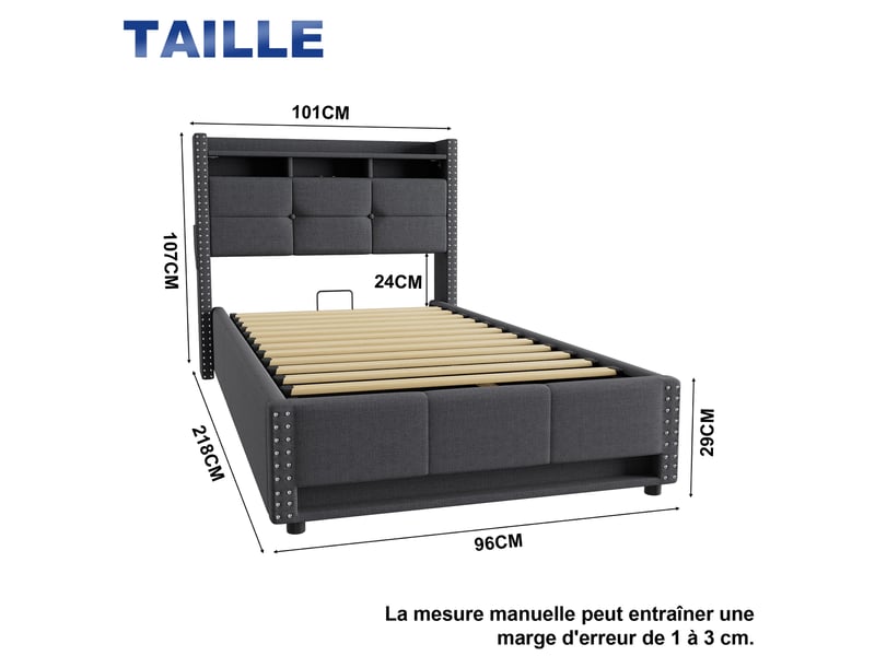 Lit coffre 90x200 cm gris foncé en tissu lin, led, ports usb et sommier inclus  - Conforama C
