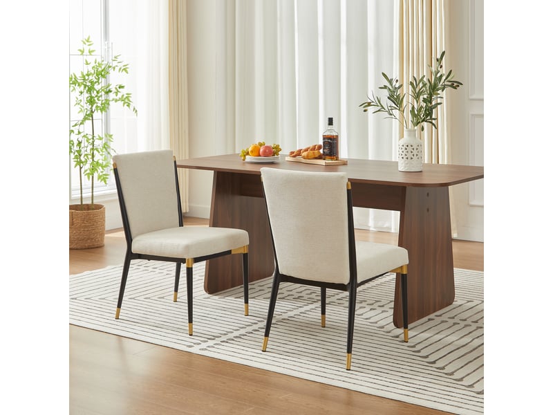  Lot de 2 chaises de salle à manger style scandinave, assise rembourrée en tissu crème, pieds noirs et dorés réglables en hauteur, beige  - Conforama C