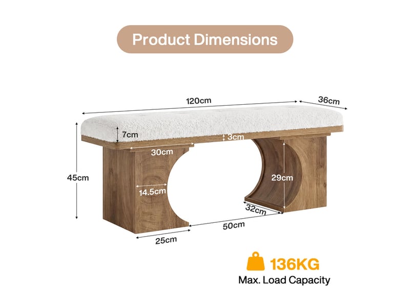  Banc rembourré de 120 cm, banc à chaussures au style rustique moderne avec coussin moelleux et pieds en bois incurvés, banc de bout de lit pour chambre ou entrée, blanc crème et marron.  - Conforama C