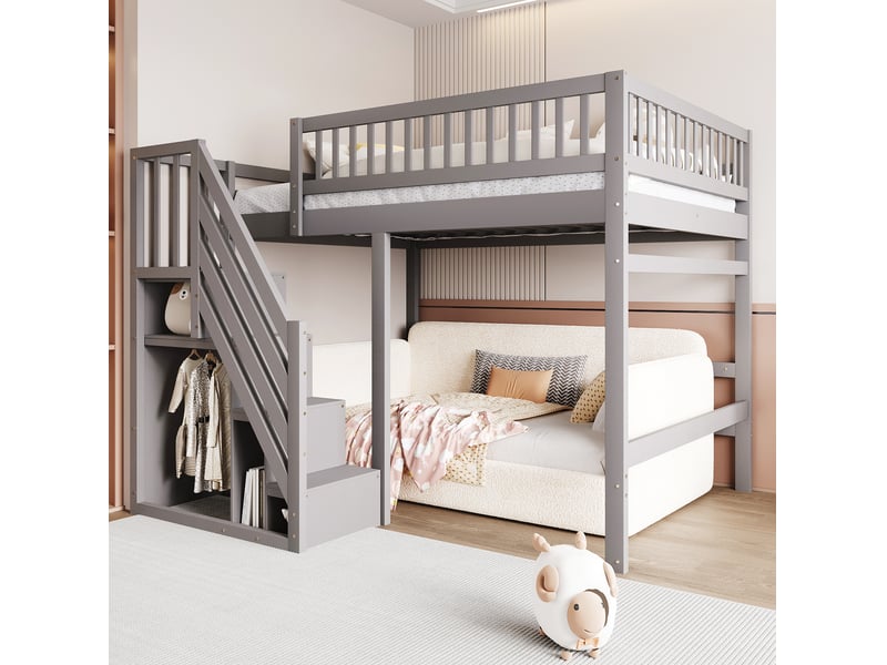  Lit mezzanine 140x200 cm, espace de rangement, avec escalier de rangement et garde-corps haut, bois, gris, sans matelas  - Conforama E