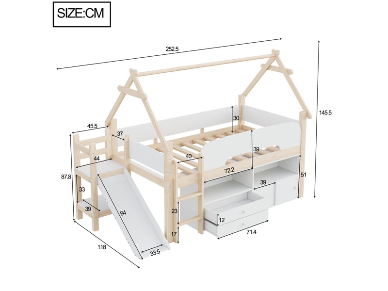 Lit mezzanine enfant 90x200 cm avec toboggan et rangements, bois naturel et blanc - Conforama C