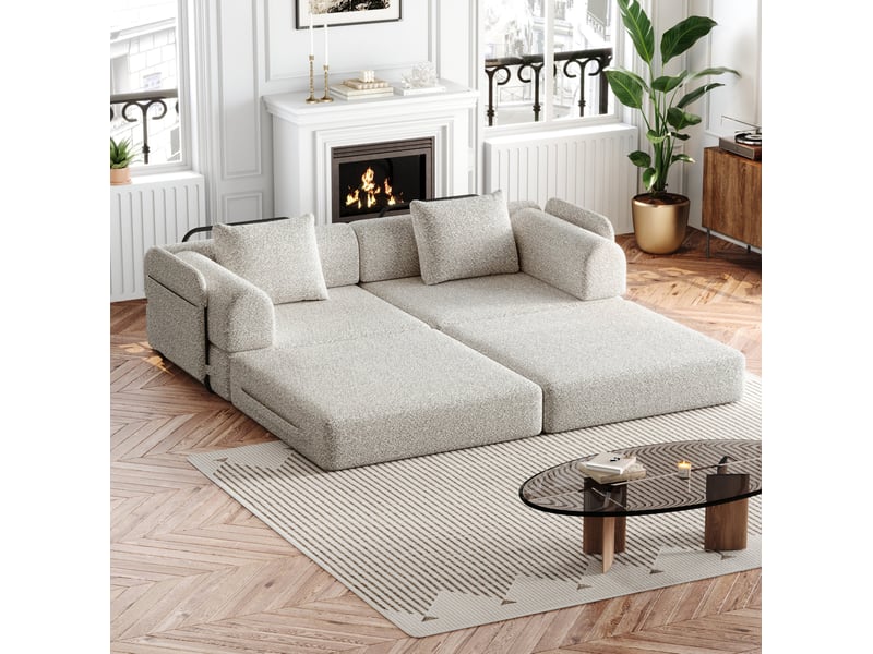  Canapé convertible modulable 2 places avec rangements d'accoudoirs et structure en acier, chenille kaki  - Conforama D