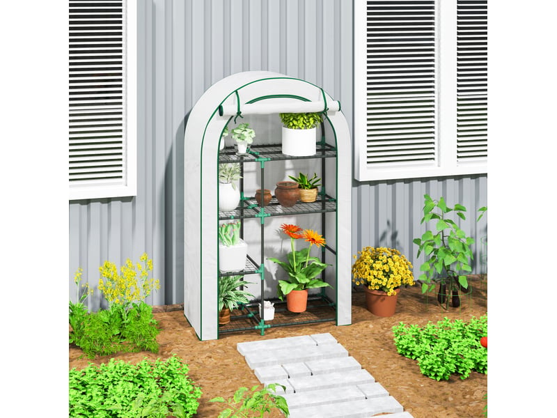  Serre de jardin 100x45x160 cm avec porte enroulable et 7 niveaux métal blanc  - Conforama C