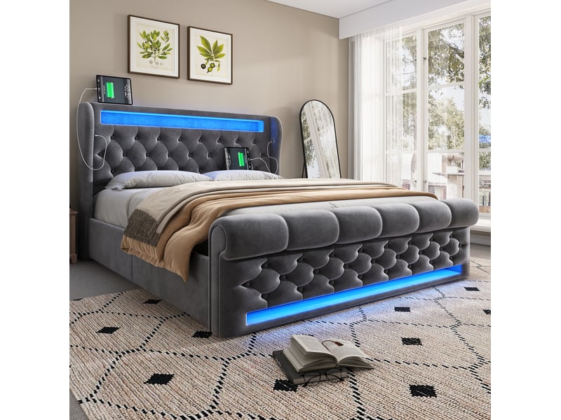  Lit coffre 140x190 cm en velours gris avec led, usb et ports type-c intégrés  - Conforama E